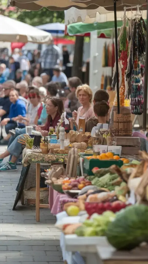 A vibrant outdoor market scene brims with tables displaying fruits, vegetables, handcrafted items, and colorful textiles. Families explore this lively setting, creating unforgettable experiences akin to the adventures of a Caribbean cruise on a sunny day.