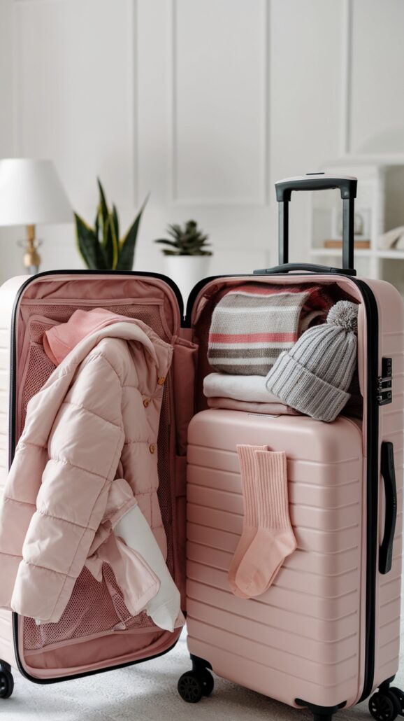 Open pink suitcase with a pink puffer jacket ready for an adventure on a Northern Lights Cruise. The right side holds folded clothes, a striped sweater, a grey beanie, and pink socks draped over the edge. Background features a lamp and lush potted plants.