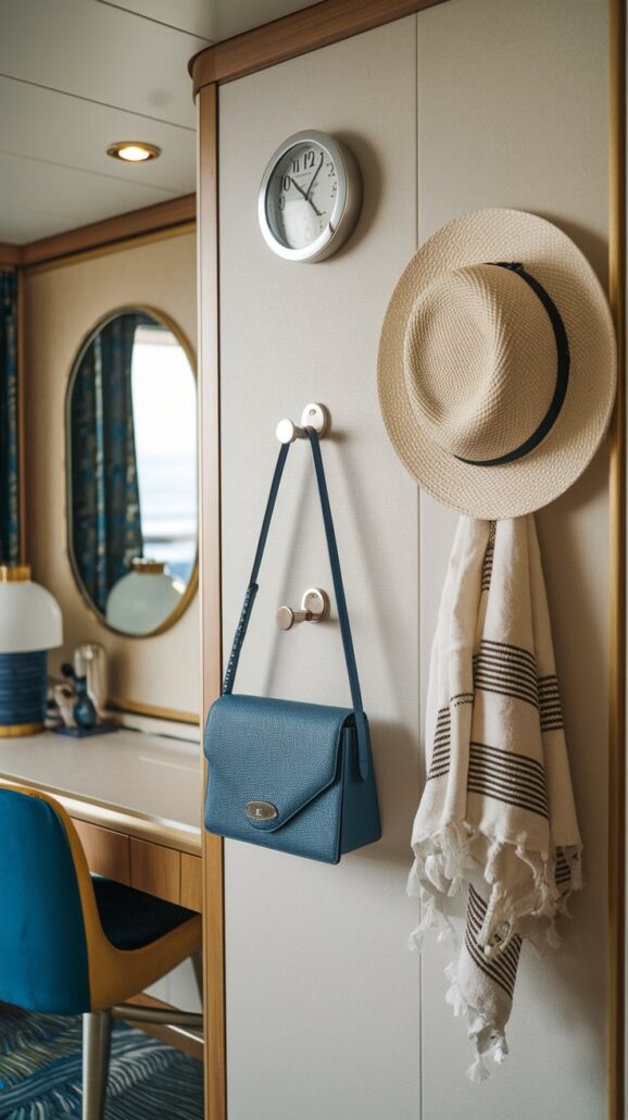 The cozy nautical-themed room features a wall-mounted clock, straw hat, striped scarf, and blue handbag on hooks. A mirror and desk with lamp add charm. With wood accents throughout, it's the perfect setting to plan your adventure using a printable Free Cruise Packing List of essential items.