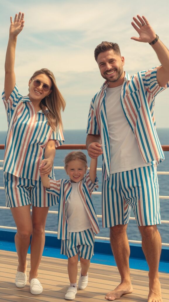 Family on a cruise ship deck, all in stylish attire with matching blue, white, and pink striped outfits. The woman and man are waving, while the child between them smiles and holds their hands. The ocean hints at a picturesque New England adventure in the background.