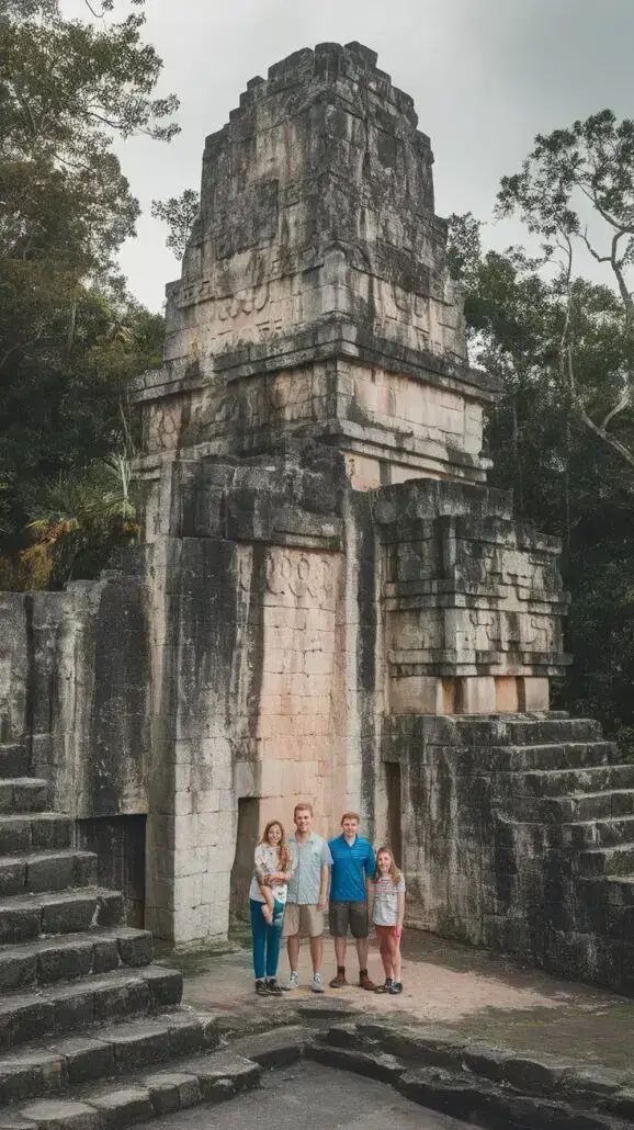 Four people stand in front of an ancient stone structure with steps, surrounded by lush greenery. The weathered textures tell tales of time, while the casually dressed group seems ready for unforgettable experiences. An overcast sky adds a mystical touch to their family adventures.