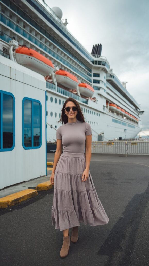 Amidst the cloudy sky, a person in a stylish gray top, flowy skirt, sunglasses, and brown boots stands before a majestic March cruise ship adorned with orange lifeboats. The paved ground hints at the adventure awaiting just beyond the dock.