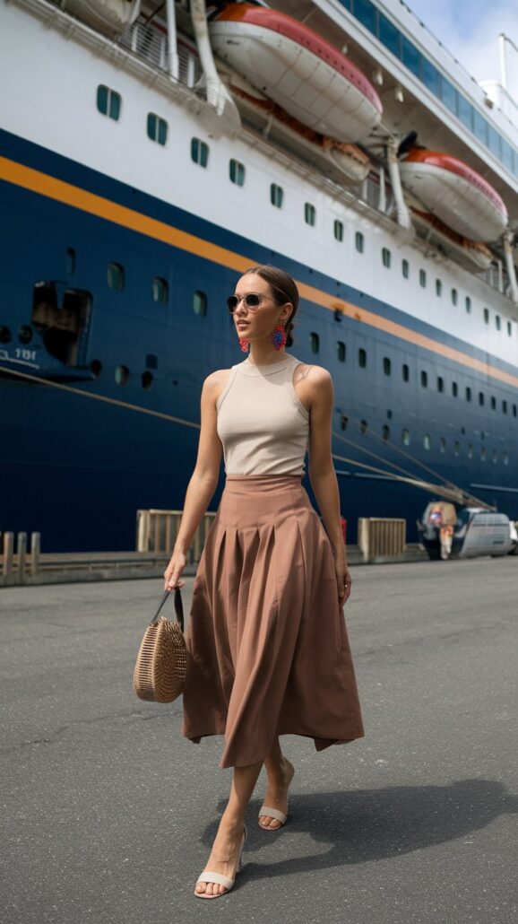 A woman in sunglasses strolls stylishly on a dock before a massive cruise ship. Donning a sleeveless top, long brown skirt, and sandals, her ensemble is completed with colorful earrings and a woven handbag. The ship behind her boasts blue hues with white and red accents.