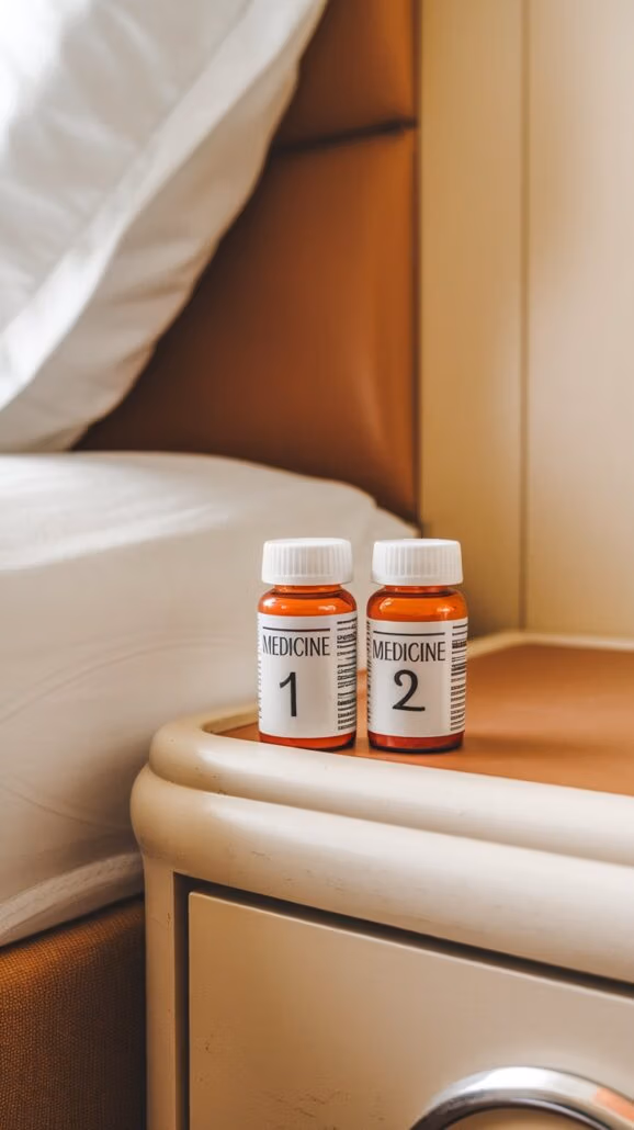Two medicine bottles labeled "Medicine 1" and "Medicine 2" sit on a beige bedside table, part of the ultimate cruise care package, beside a bed with crisp white bedding. The labels are white with black text, perfectly matching their sleek white caps.