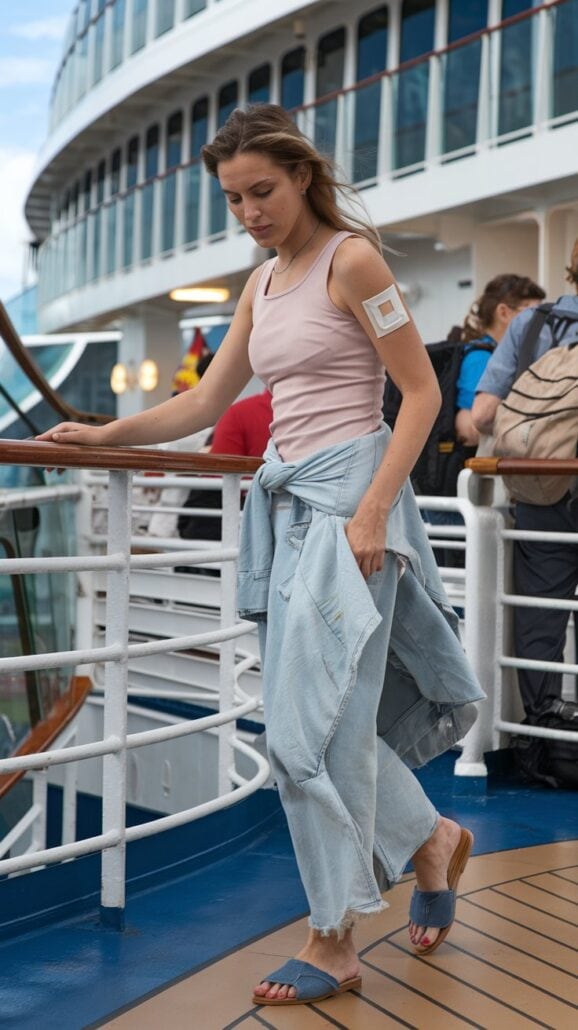A woman with long hair strolls along the cruise ship deck, wearing a light pink tank top and denim pants, her jacket tied at the waist and blue sandals on her feet. A white patch adorns her arm as fellow passengers take in the ocean views by the railing.