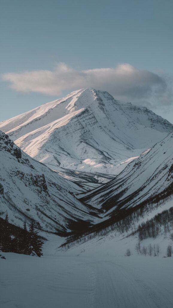 A snow-covered mountain reminiscent of Alaska under a clear sky with a few clouds. A gently sloping path winds through the valley, flanked by rugged, snow-dusted terrain. Sunlight highlights the mountain's contours, providing essential tips for capturing its stunning beauty.