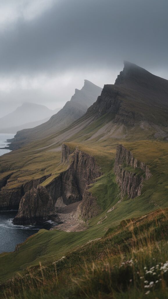 Explore a dramatic landscape of rugged cliffs and steep, grassy hills meeting the sea under a cloudy sky. The cliffs' layered appearance reveals geological formations. This peaceful yet imposing scene, reminiscent of incredible destinations on a Northern Europe cruise, shows no human presence.