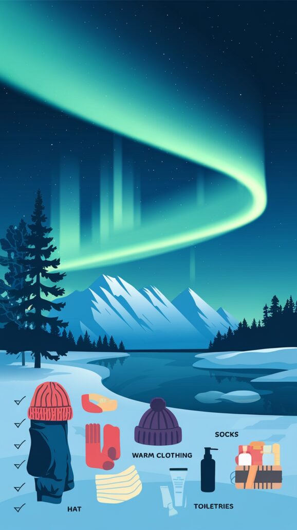 An enchanting illustration of a winter landscape showcases the Northern Lights dancing over snowy mountains and pine trees. In the foreground, packing tips are cleverly depicted with icons of a hat, gloves, warm clothing, socks, and toiletries—essentials for your magical cruise adventure.
