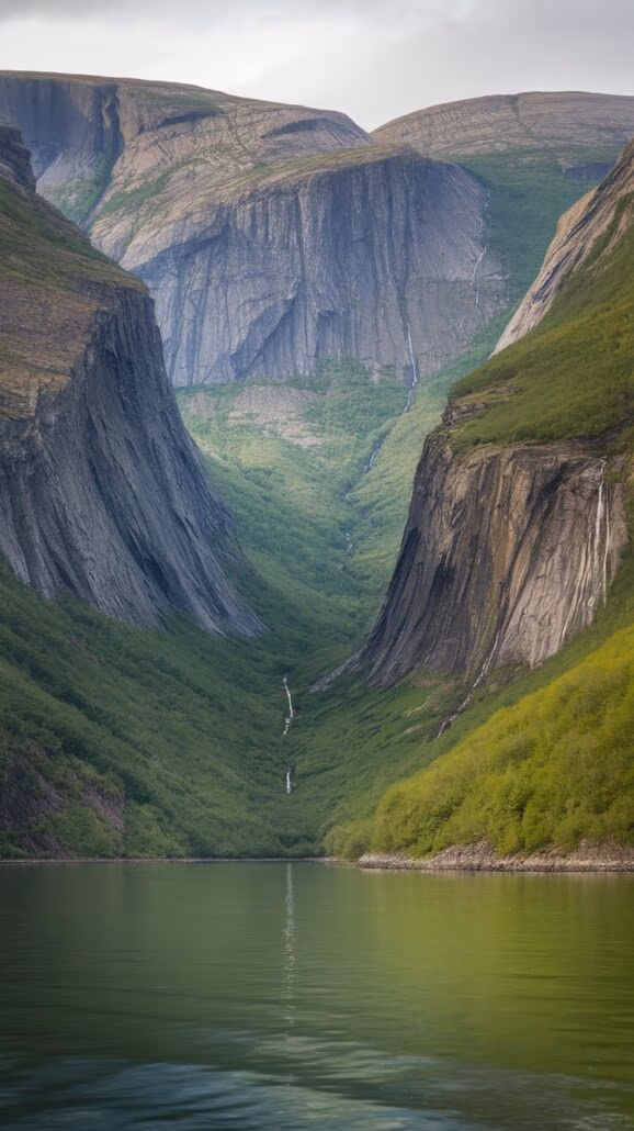 Steep cliffs with green vegetation rise on either side of a narrow valley as a small waterfall cascades down the center. This incredible destination reflects in the calm waters below, creating a picture-perfect landscape begging to be explored. An overcast sky looms gently above.
