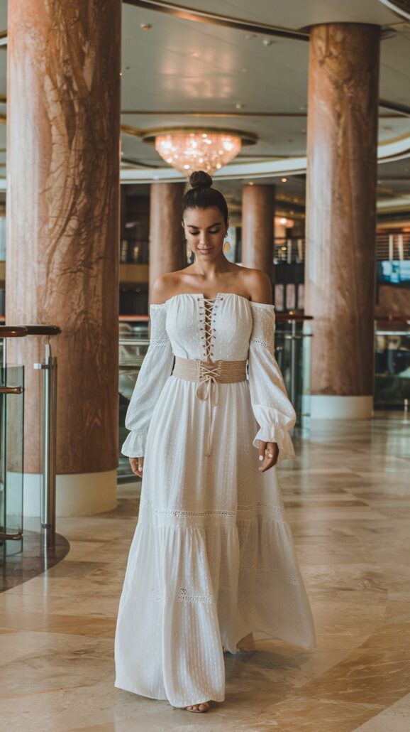 A woman in a stylish, off-shoulder lace-up dress with long sleeves walks indoors. The setting features marble flooring, large wooden columns, and a chandelier in the background, as if she's ready for an elegant March cruise adventure.