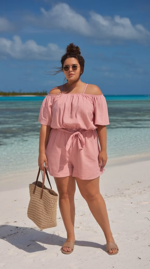 A person stands on a sandy beach with clear blue water in the background, embracing Bahamas cruise vibes. They are wearing a pink, off-shoulder romper and sunglasses, holding a woven tote bag—a perfect plus-size outfit. The sky is clear with a few clouds.
