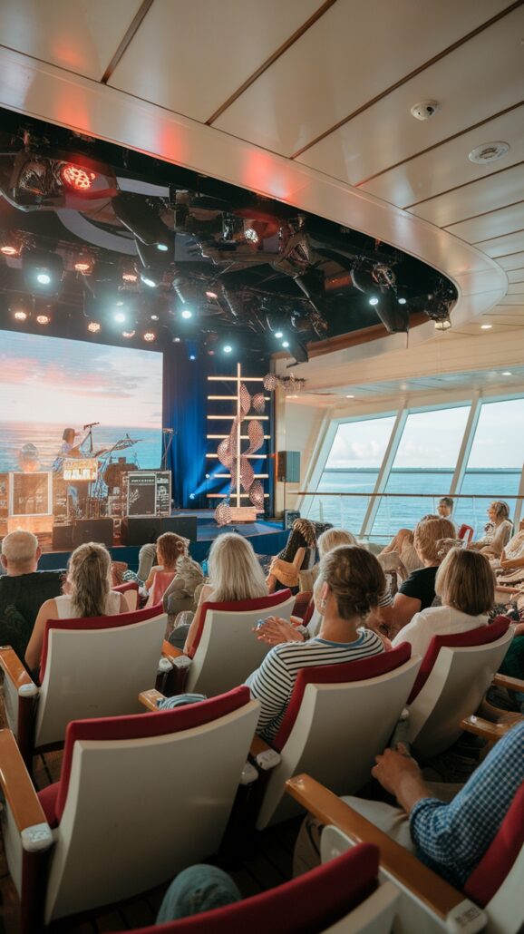 Audience seated in a theater with red-and-white chairs, enthralled by a band performing on stage during a Norwegian Cruise. Large windows reveal breathtaking views of the Alaskan ocean. Stage lights enhance the ambiance, with attendees fully immersed in the captivating performance.