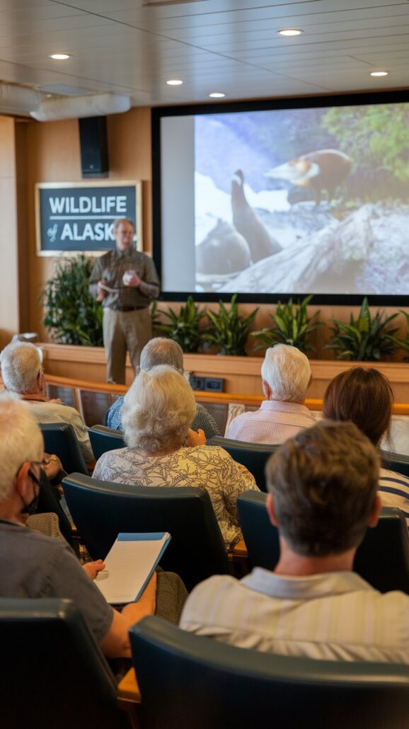 In a lushly decorated lecture hall, a presenter captivates the audience with insights on the "Wildlife of Alaska." As attendees listen intently, they’re inspired by essential tips for their upcoming Norwegian Cruise adventure.