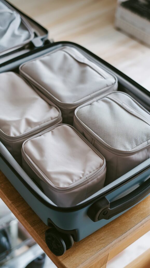 Open suitcase on a wooden table, containing four neatly packed beige packing cubes with mesh tops. Positioned with its wheels visible, it's ready for an adventure in 2025.