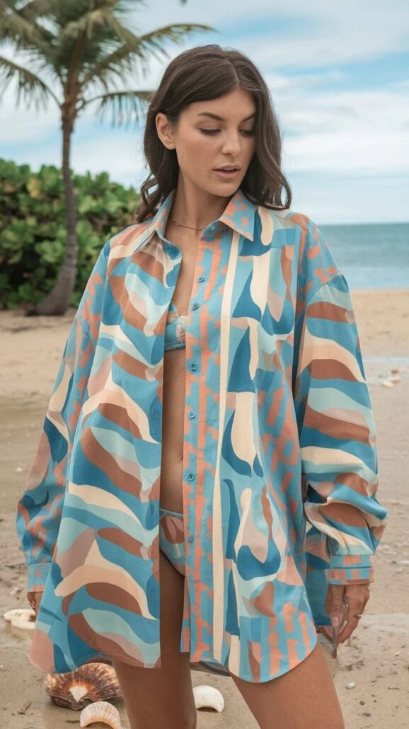 A woman stands on a sandy beach, embodying the essence of chill cruise outfits. She's in a colorful, oversized button-up shirt with abstract patterns of blue, brown, and beige. With her long brown hair cascading down, palm trees sway in the background beside the tranquil ocean. Shells dot the sand.