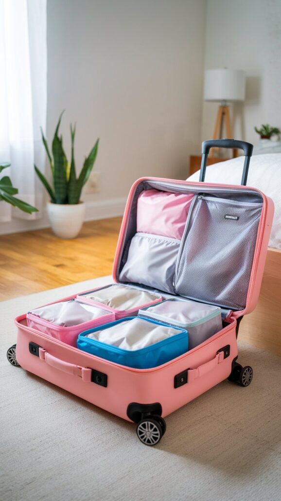 A pink suitcase with a telescopic handle is open on the bedroom floor, revealing essential items and neatly organized packing cubes. Perfect for women planning a cruise, the room features a wooden floor, a large plant, and a bed with white linens in the background.