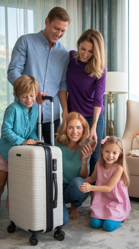 A family of four gathers by a large window, the man and woman standing watchfully behind an older woman seated with a smartphone. The young boy clutches a suitcase, while the girl sits on the floor, dreaming of future family-friendly Caribbean cruises.