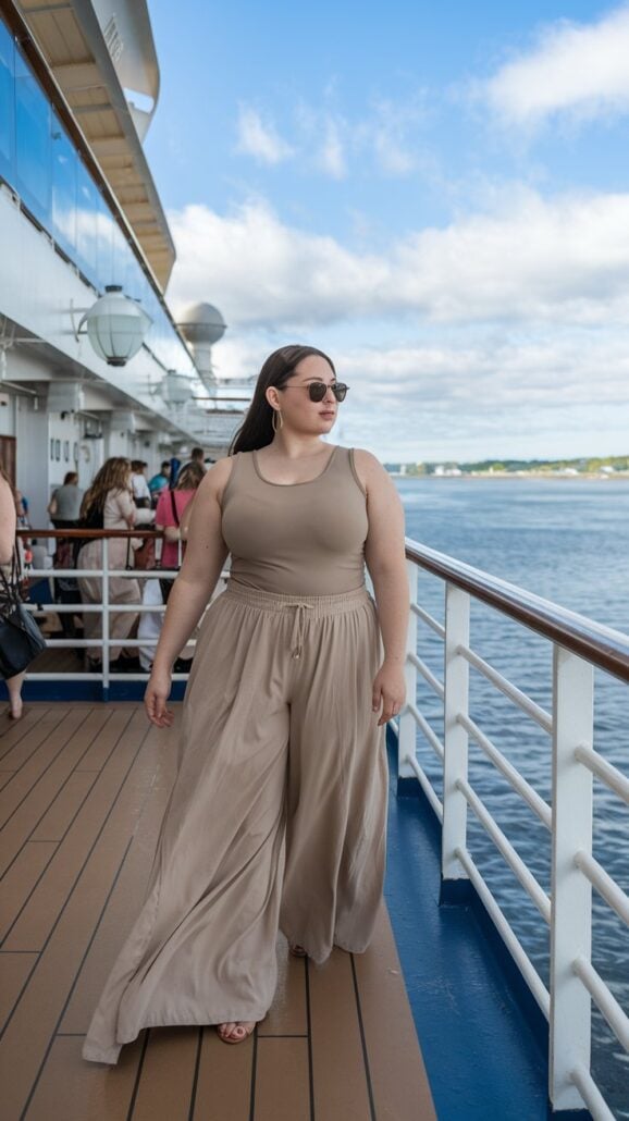 A person in a stylish, plus-size cruise outfit and sunglasses stands on a cruise ship deck, gazing thoughtfully to the side. The ocean and cloud-dotted sky create a serene backdrop for this Mexican getaway, while other passengers enjoy the view from the deck.