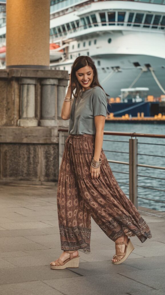 A woman in a stylish gray shirt and patterned brown skirt strolls along a waterfront promenade. Smiling, she touches her hair with her left hand, while a grand cruise ship anchors majestically in the background.