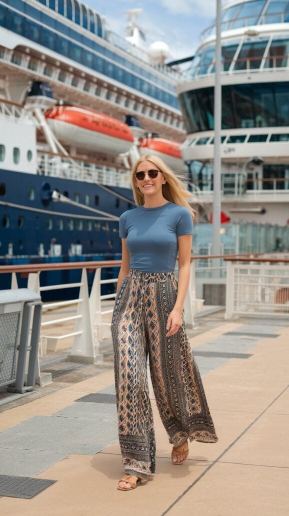 A woman in chill cruise outfits—sunglasses, a blue t-shirt, and patterned wide-leg pants—strolls along a dock with two large cruise ships in the background. She's smiling, her long blonde hair flowing in the breeze.