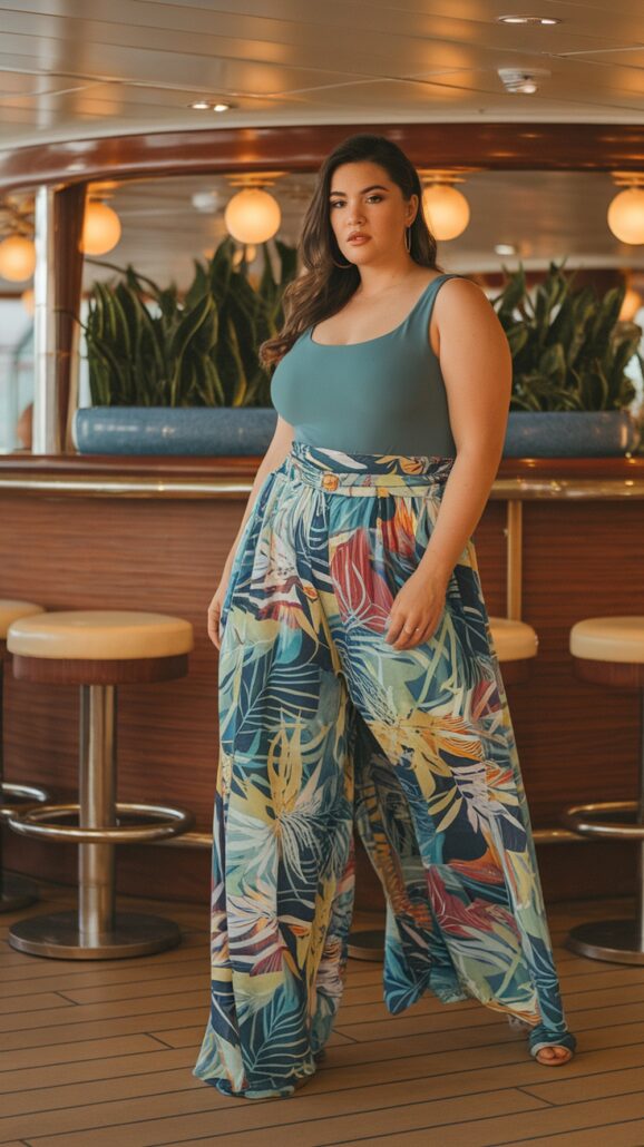 A woman stands on a deck in a stunning teal sleeveless top and colorful, wide-leg pants with a leaf pattern, perfect for Bahamas cruise outfits. Tall plants and stylish wood-and-metal bar stools complete the chic seaside atmosphere.