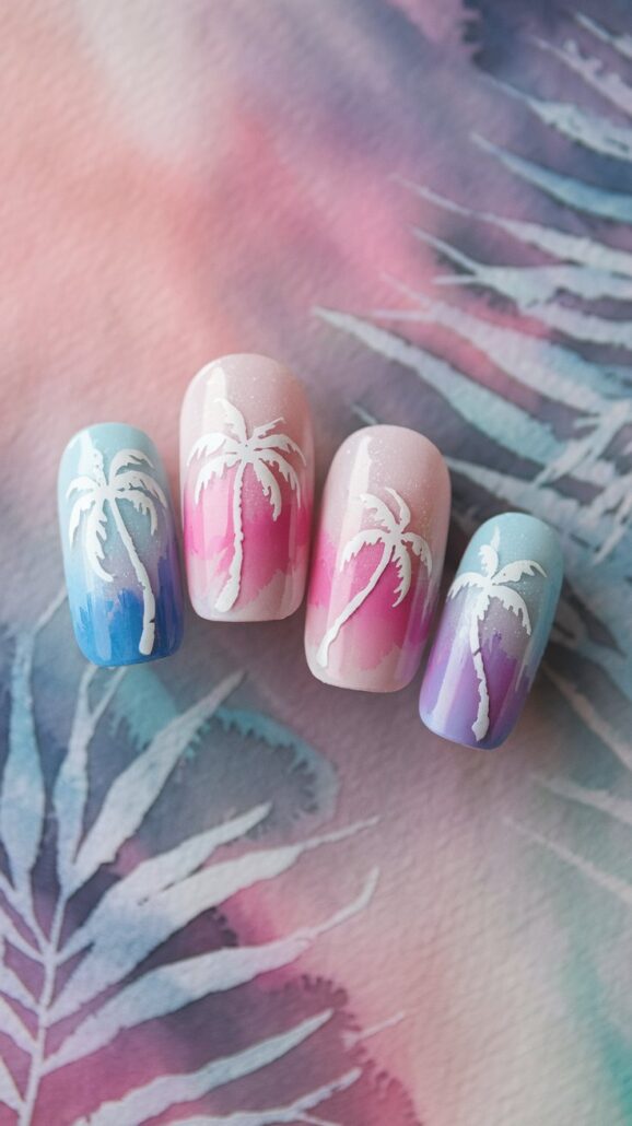Four fingernails flaunt the best designs in tropical-themed art, showcasing white palm tree silhouettes over gradient hues of blue, pink, and purple. Perfect for cruise nails, they rest against a pastel watercolor backdrop with similar palm motifs, evoking a serene Bahamas vibe.