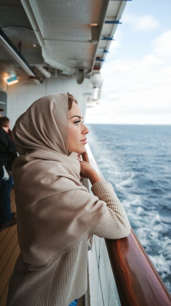 A person wearing a beige headscarf and sweater leans on a wooden railing aboard a Canada Cruise ship, gazing at the ocean. The cloudy sky and blue sea stretch beyond, with part of the ship's structure visible above, creating an idyllic scene for any woman's guide to travel.
