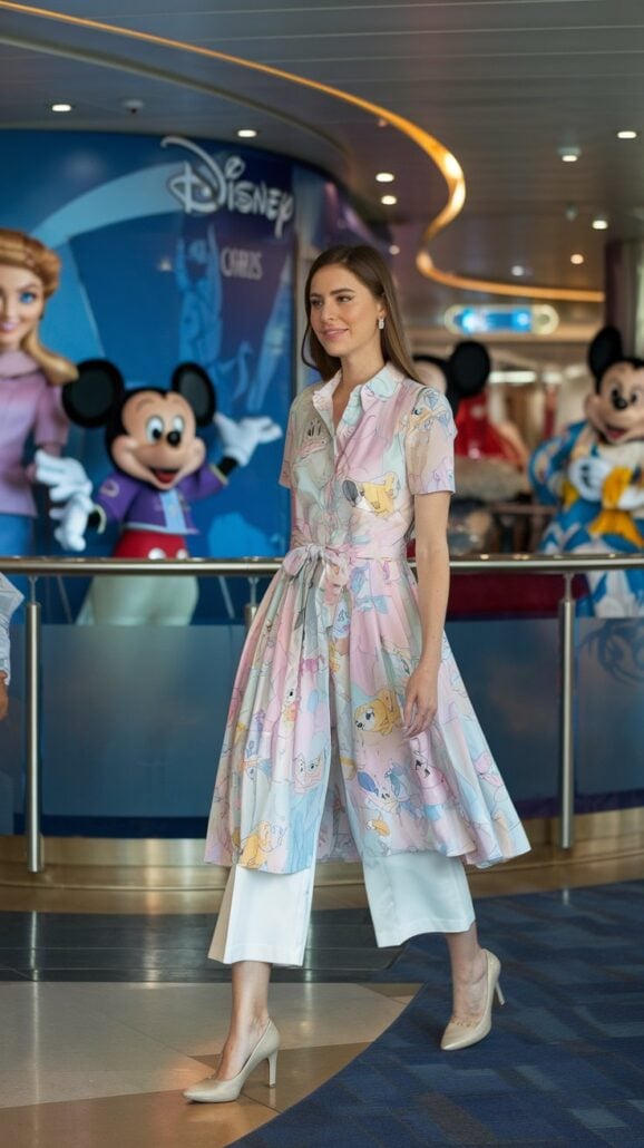 A woman sporting a pink dress adorned with cartoon characters strolls indoors. Behind her, a display showcases large images of animated characters, including a famous mouse, in a brightly lit area—perfect inspiration for magical picks and Disney cruise outfits.