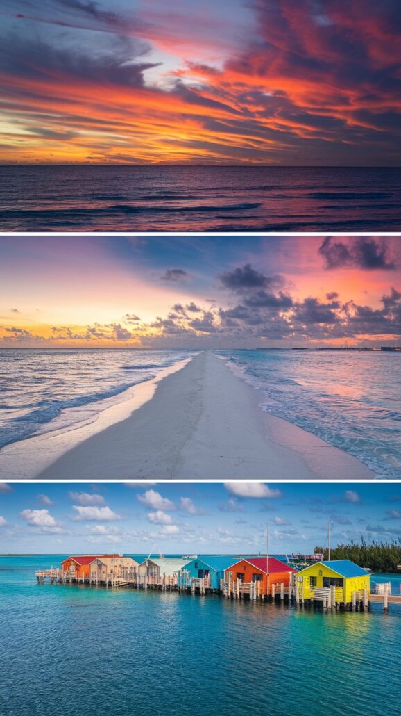Top image: Vibrant sunset with orange and purple clouds over a calm ocean. Middle image: Narrow sandy pathway between two bodies of water under a cloudy dusk sky. Bottom image: Row of colorful houses on stilts above a clear turquoise sea, perfect for cruise memory ideas to cherish forever.