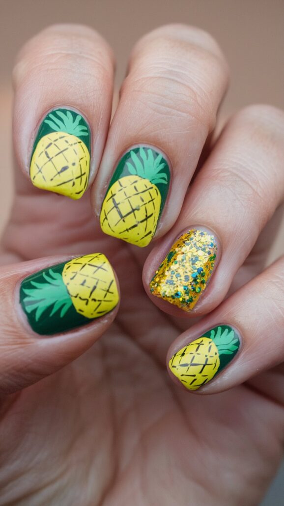 Close-up of a hand with cruise nails showcasing pineapples against a dark green background, perfect for a Bahamas getaway. Each nail boasts a yellow pineapple with green leaves, while one sparkles with yellow glitter. The neatly shaped nails highlight the best designs for your tropical escape.