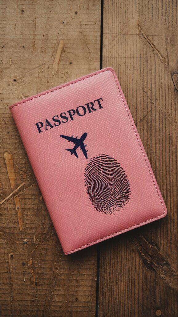 A pink passport holder rests on a wooden table, ready for your 2025 adventures. It features an image of an airplane and a fingerprint design, with "PASSPORT" printed at the top in blue lettering. Perfect for those planning exciting journeys by sea or air.