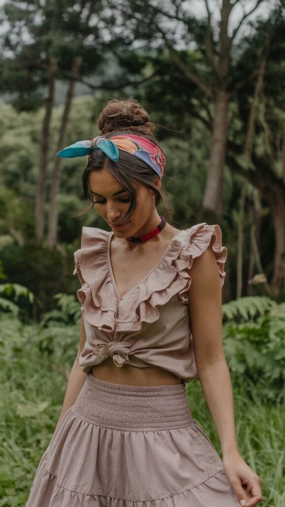 Amidst the lush greenery, a woman stands quietly in a forest, draped in Disney cruise-inspired outfits—her ruffled top and skirt whispering tales of adventure. A colorful headscarf crowns her hair, complemented by a red choker necklace, as she gazes down with a serene expression—a truly magical pick.