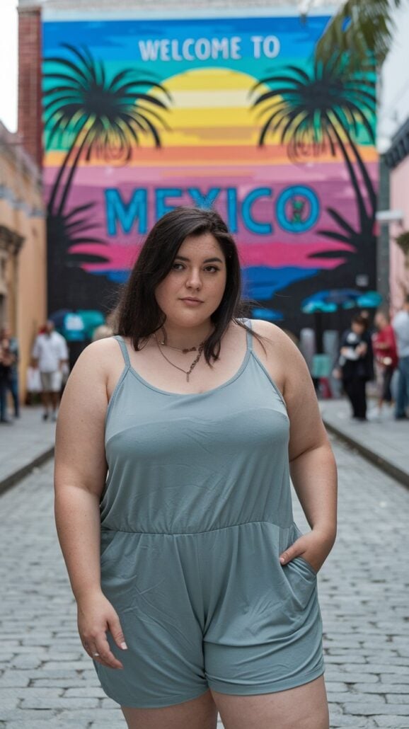 A person stands confidently in a gray sleeveless romper on a cobblestone street, embodying the essence of plus size fashion. In the background, a colorful mural with palm trees reads "Welcome to Mexico," capturing the spirit of a vibrant Mexican getaway as people stroll leisurely nearby.