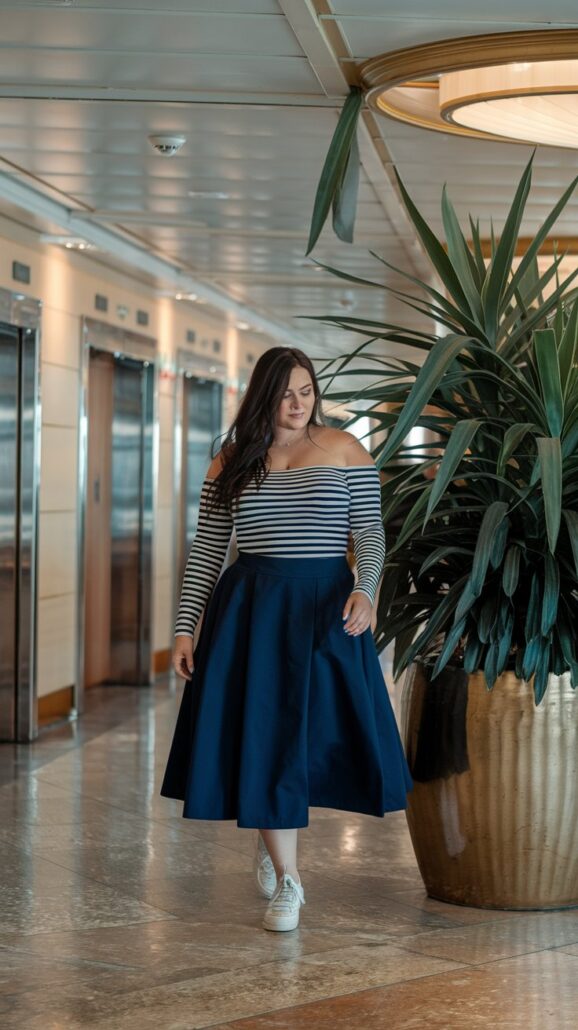 A woman in a striped off-the-shoulder top and a blue skirt, ideal for a cruise outfit, stands indoors near a large potted plant. She is wearing white sneakers and smiling slightly. The background includes elevators and a well-lit hallway.