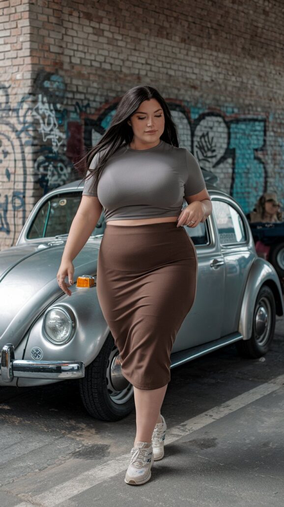 A woman with long dark hair strolls past a vintage silver car on a graffiti-covered street, showcasing stunning outfit ideas in her gray top, brown skirt, and beige sneakers. Her style could easily inspire looks for a Mexican getaway.