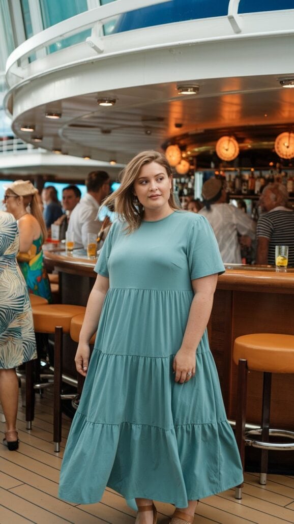 A woman in a teal maxi dress, one of the stunning plus size cruise outfits, stands in front of a bar area on a cruise ship. People are socializing in the background. The bar has high stools and warm lighting, creating a casual yet relaxed ambiance perfect for any Mexican getaway.