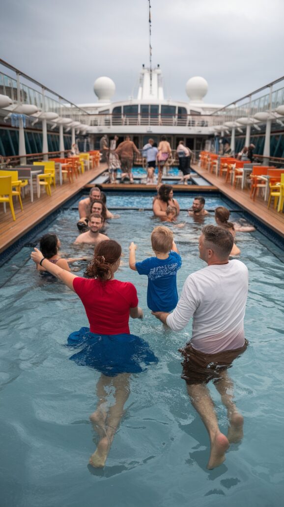 People are enjoying a family-friendly pool on a Caribbean cruise ship. A mom and dad hold their child in the foreground, while others swim and relax around the pool. The deck is adorned with yellow and orange chairs alongside tables under cloudy skies.