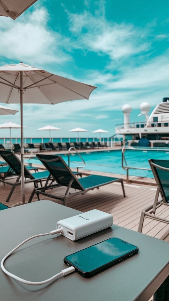 A smartphone, an essential item for any getaway, is connected to a portable charger on a table by the poolside. Several lounge chairs with umbrellas are arranged around the pool, evoking images of a serene cruise. The partly cloudy sky adds to the relaxed atmosphere.