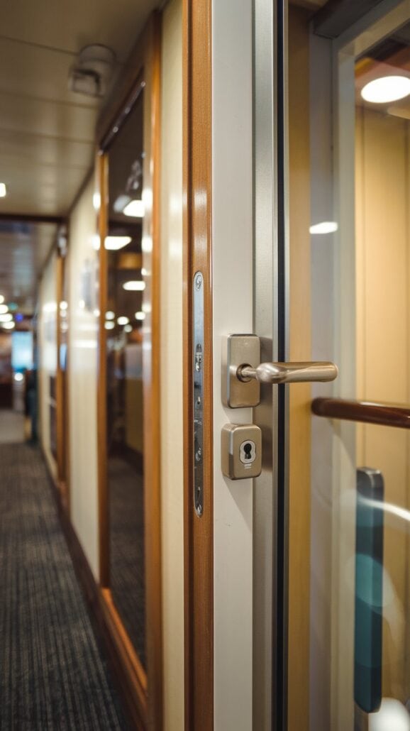 A door with a metallic handle is slightly ajar, leading to a hallway reminiscent of those found on a Canada cruise ship. The door features a lock with a visible keyhole. The carpeted flooring and wooden paneling catch the reflected light beautifully.