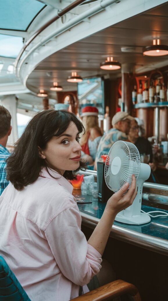 A woman with dark hair, wearing a pink shirt, sits at a bar holding a small white fan, capturing the essence of 2025. She looks over her shoulder towards the camera. In the background, patrons enjoy drinks on a lively cruise adventure.