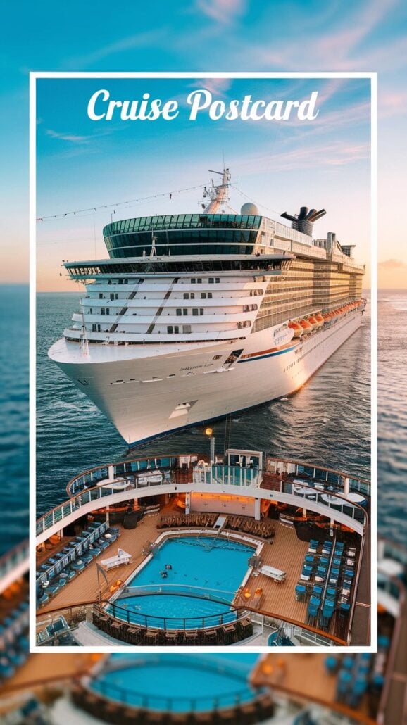 A large cruise ship sails in the ocean at sunset, with a blue pool deck visible in the foreground. "Cherish Forever Cruise Postcard" is elegantly framed at the top, capturing a memory to hold onto forever.