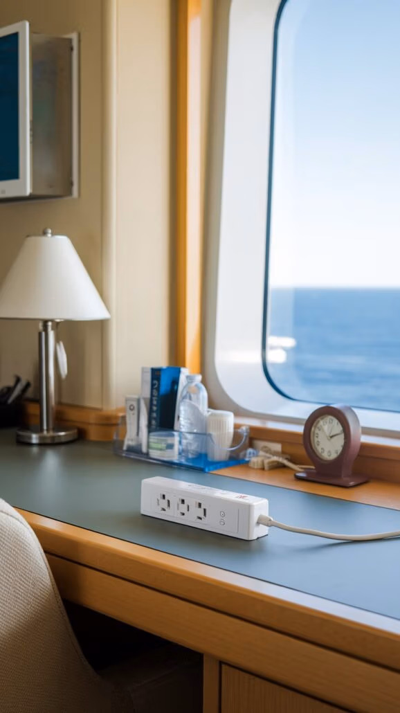 A desk by a large window overlooks the sea, reminiscent of a serene cruise. On the desk are a power strip, clock, lamp, and tray with water bottles, glasses, and condiments. The clear blue sky outside completes this picturesque view.