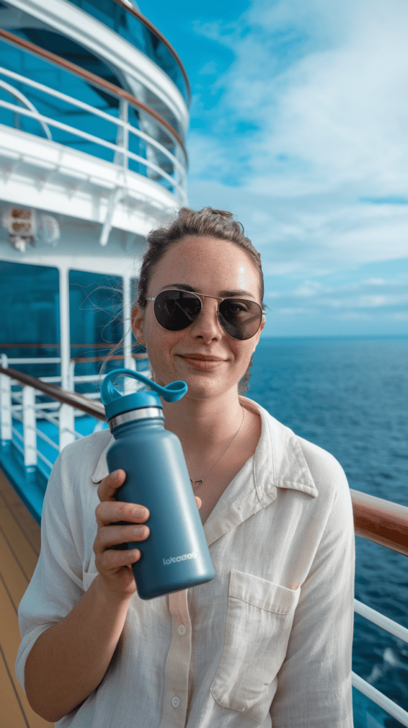 A person wearing sunglasses and a white shirt, enjoying their Bahamas cruise, holds a blue water bottle with a straw on the deck of a ship. The ocean stretches out in the background under a partly cloudy sky.