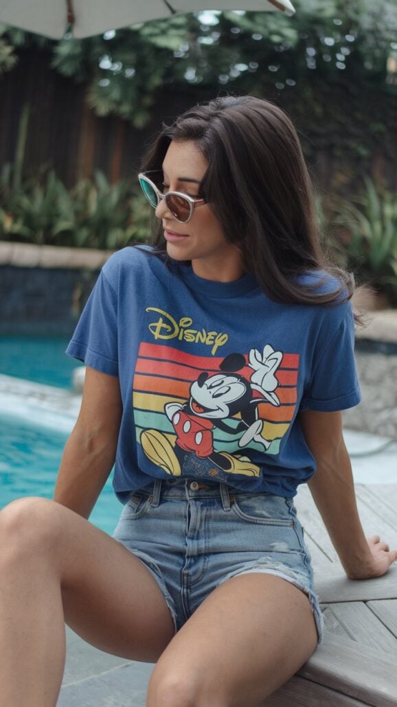 A woman in sunglasses, a blue Disney T-shirt featuring Mickey Mouse, and denim shorts relaxes on the edge of a swimming pool. With plants and a stone wall as her backdrop, she embodies the perfect Disney cruise outfit, capturing magical picks for summer fun.