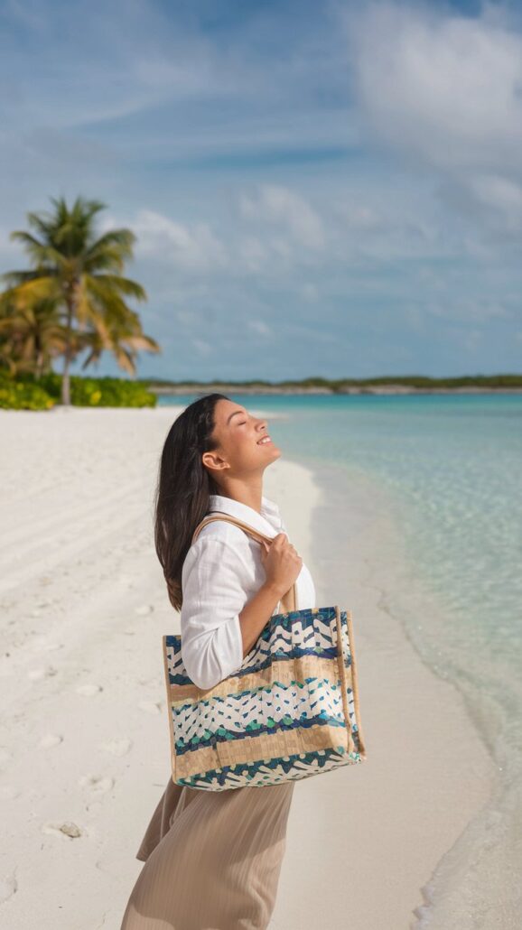 A person stands on a sandy beach with clear blue water, facing the sky with eyes closed and a smile, as if planning their next adventure. They hold a patterned tote bag and wear a white shirt and beige skirt. Palm trees and clouds are visible in the background.