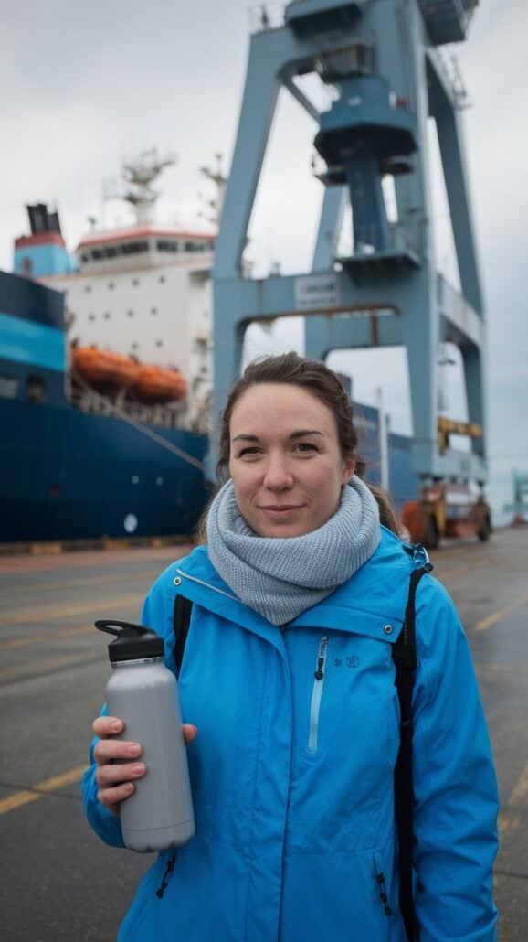 A person in a blue jacket and gray scarf stands holding a water bottle, seemingly ready for a Canada cruise adventure. They are in front of a large ship and a crane at an industrial port, with the overcast sky creating a perfect backdrop for their journey.