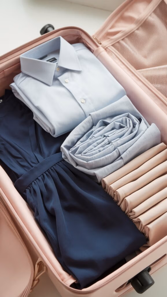 An open suitcase, perfect for a Caribbean cruise, is neatly packed with a light blue button-up shirt, a navy dress, two rolled light blue garments, and five beige rolled garments. This pale pink suitcase also features a zippered mesh compartment on the lid.
