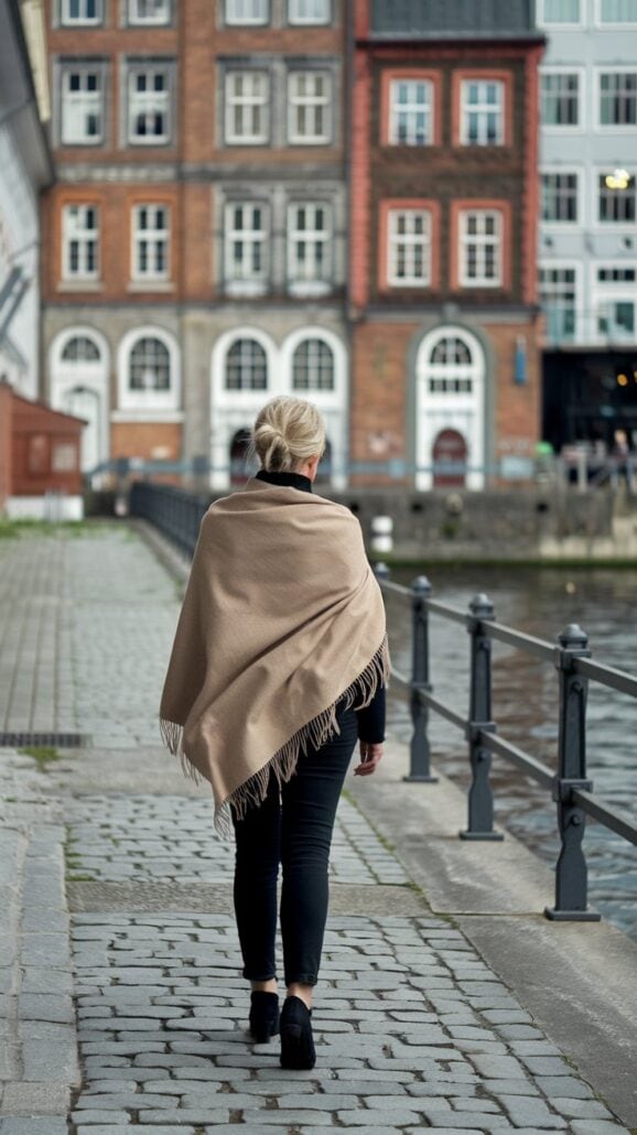 A person with blonde hair strolls along a cobblestone path by the water, wrapped in a light brown shawl—an essential item for any European river cruise. The scene is framed by multi-story buildings with red brick and white facades.