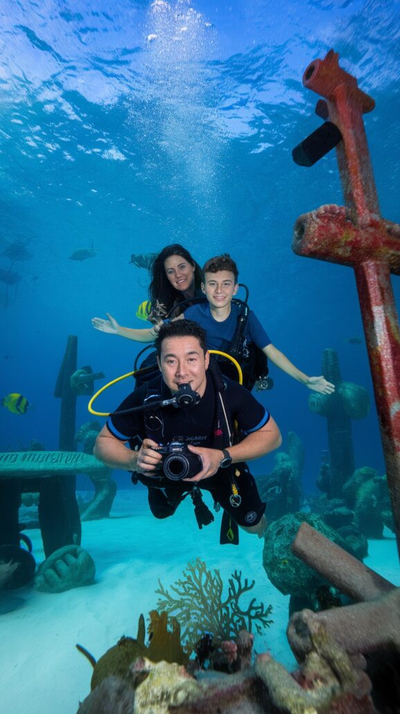 Three people in scuba gear explore an unforgettable underwater world, surrounded by coral and tropical fish. A large camera captures the memories of their family adventure as a massive anchor looms to the right and mysterious structures lie in the background, all reminiscent of a Caribbean cruise.