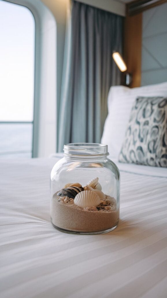 A glass jar filled with sand and various seashells is placed on a neatly made bed with white linens, perfectly capturing cruise memories. A pillow with a patterned design rests against the headboard, while a large window reveals an ocean view.